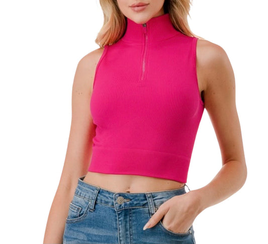 Fuchsia Half Zip Mock Neck Crop Top