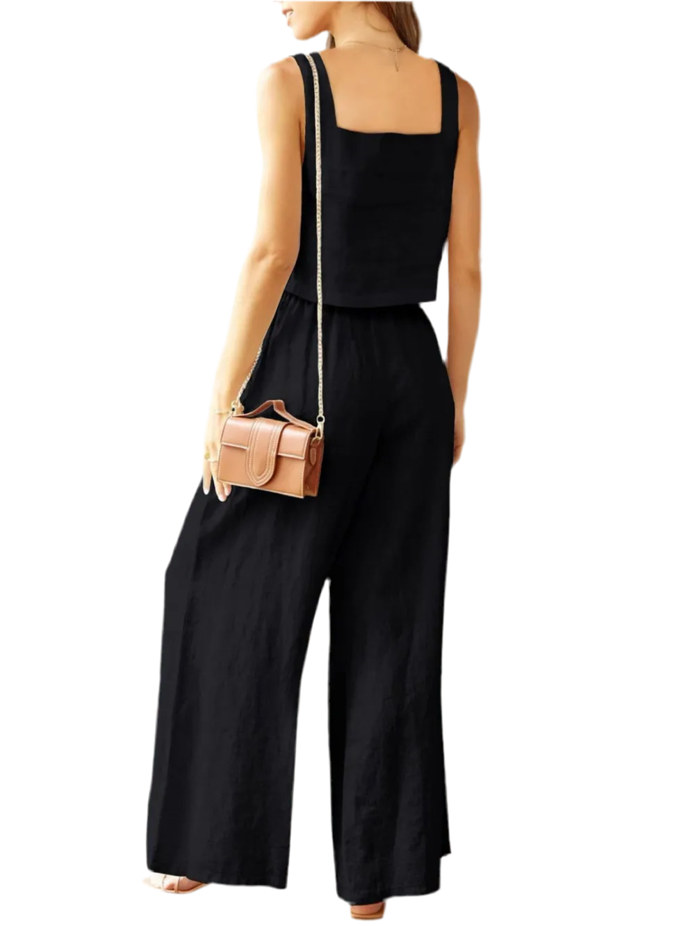Square Neck Top and Wide Leg Pants Set In Black