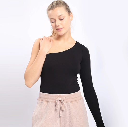 Black One Shoulder Long Sleeve Bodysuit